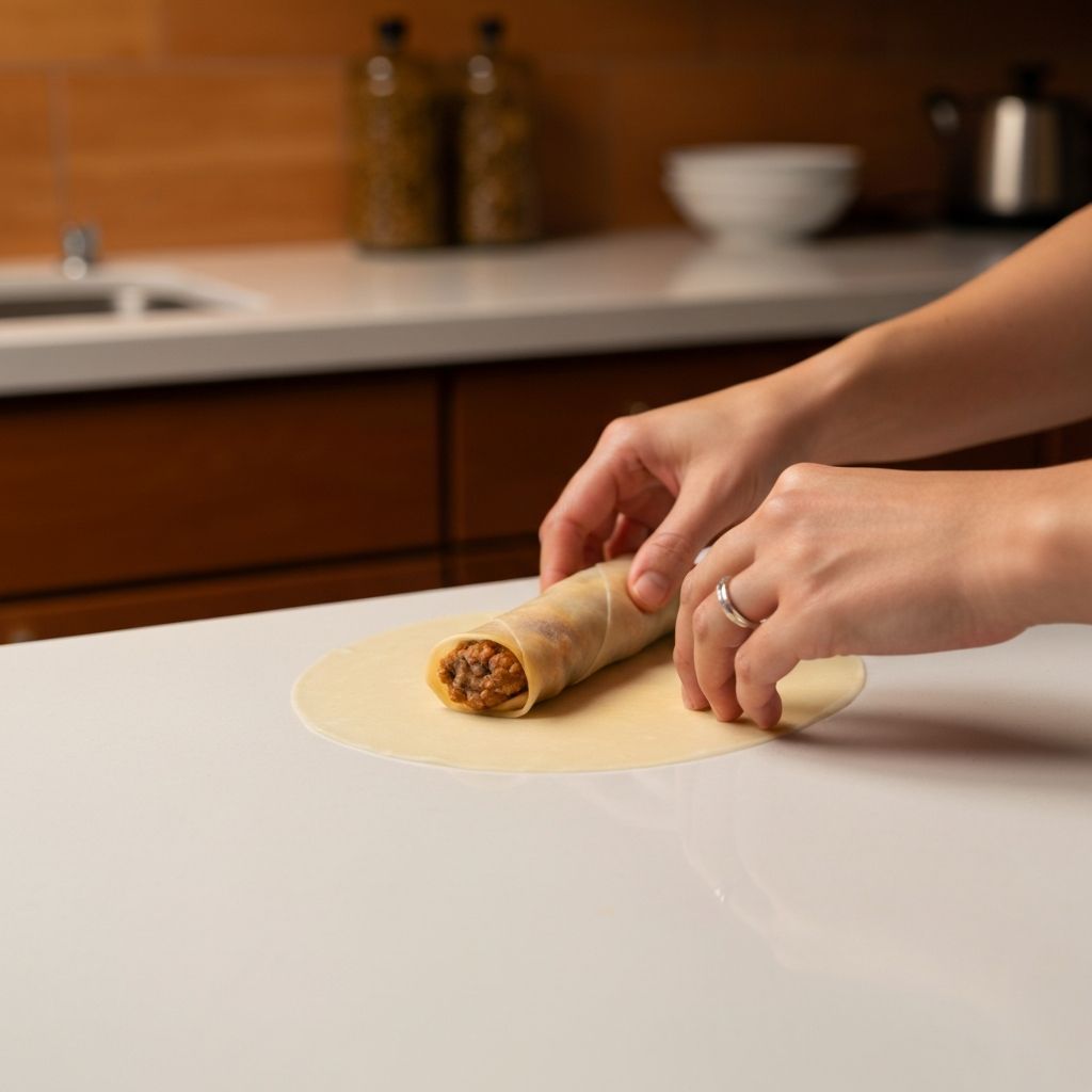 Hands wrapping lumpianada with thin lumpia wrappers around seasoned filling
