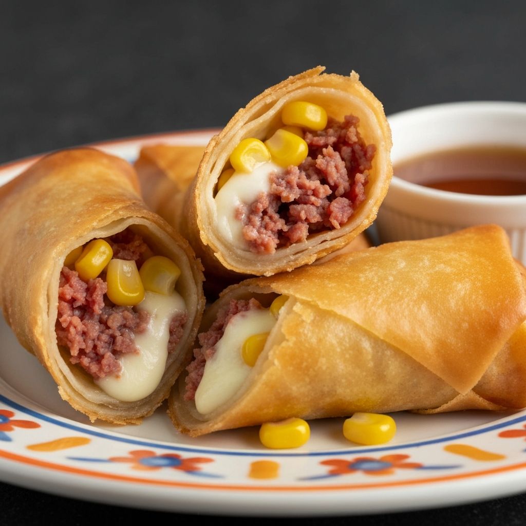Corned beef lumpianada with corn kernels and melted mozzarella filling