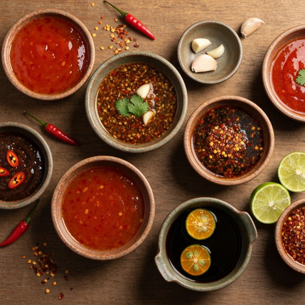 Various Filipino dipping sauces in small bowls including sweet chili, spiced vinegar, and soy sauce with calamansi