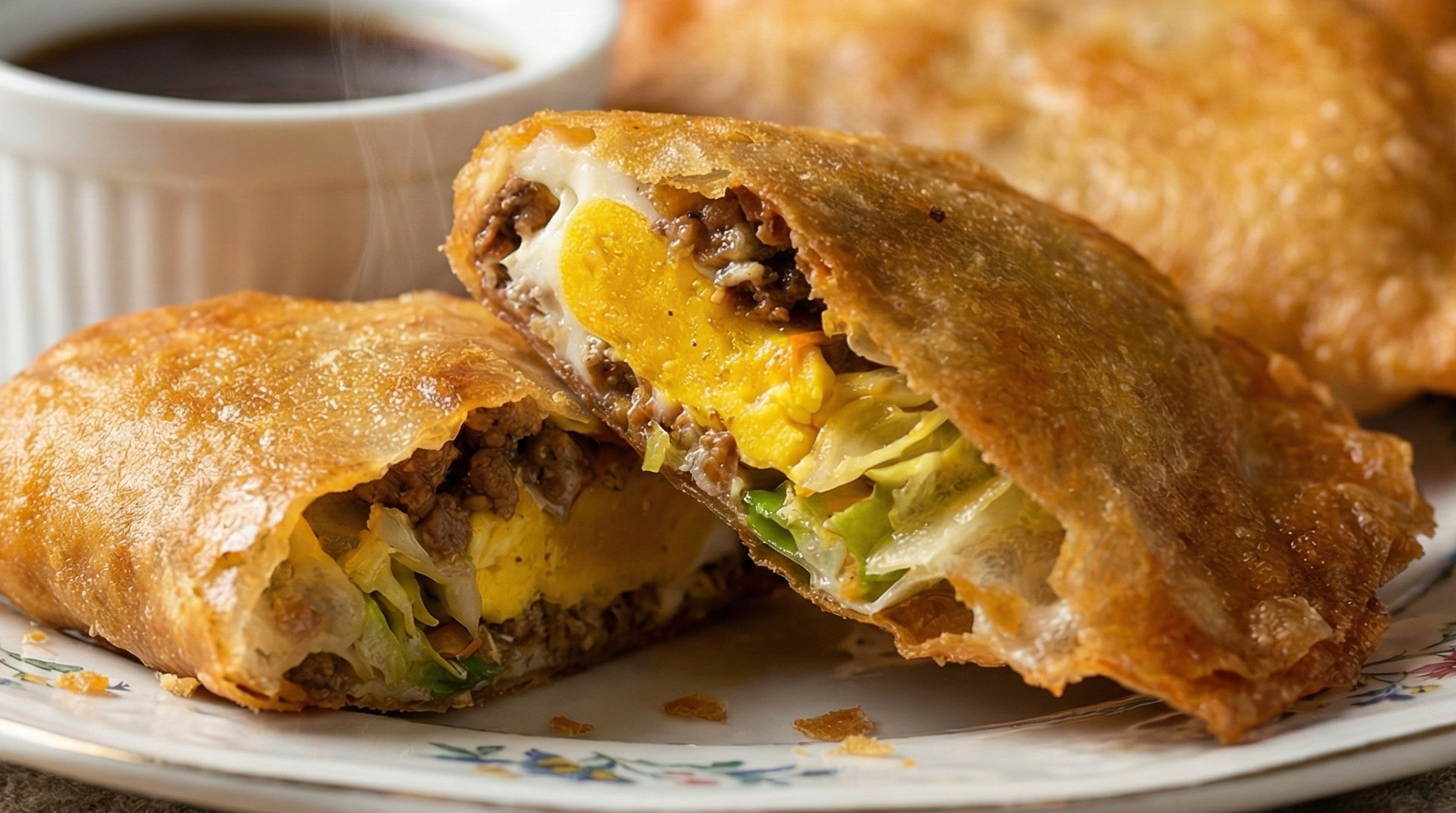 Ilocos-style lumpianada with half-moon shape showing green papaya and egg filling